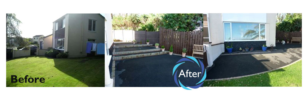 Before and after photos of grassed area with hardstanding groundworks undertaken